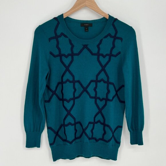 J. Crew Womens Merino Wool Geometric Design Sweater Size S Teal Crew Pullover - Picture 1 of 8